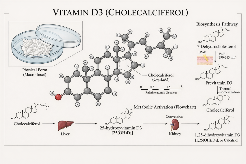 Illustration of vitamin D3, sources, properties and Uses