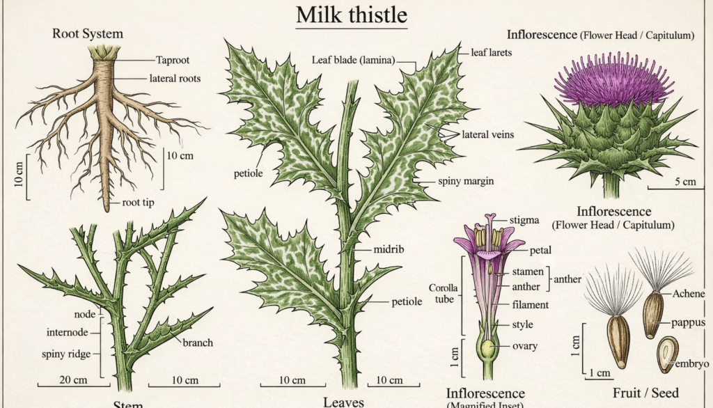 Botanical illustration of milk thistle plant parts