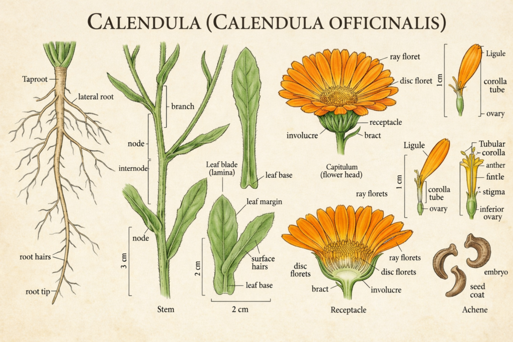 Botanical illustration of calendula plant parts