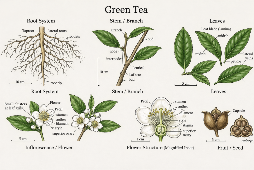 Botanical illustration of green tea plant parts