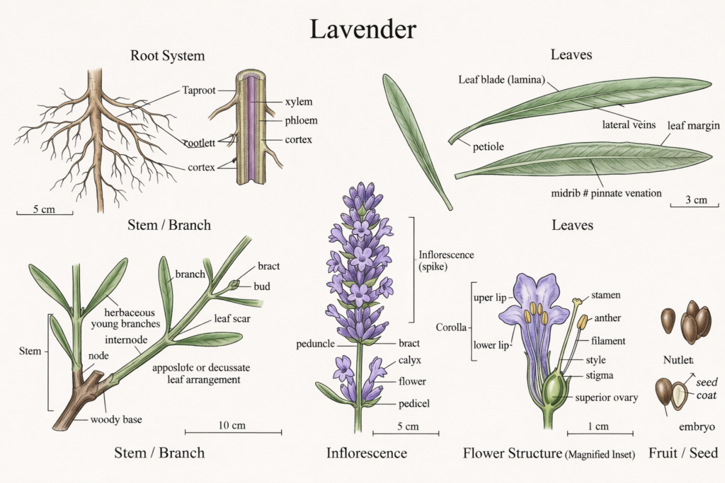 Botanical illustration of lavender plant parts