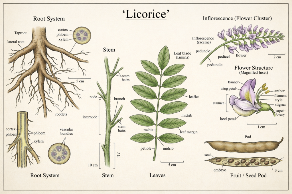 Botanical illustration of liquorice plant parts