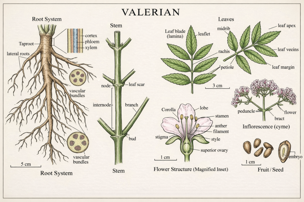 Botanical illustration of valerian plant parts